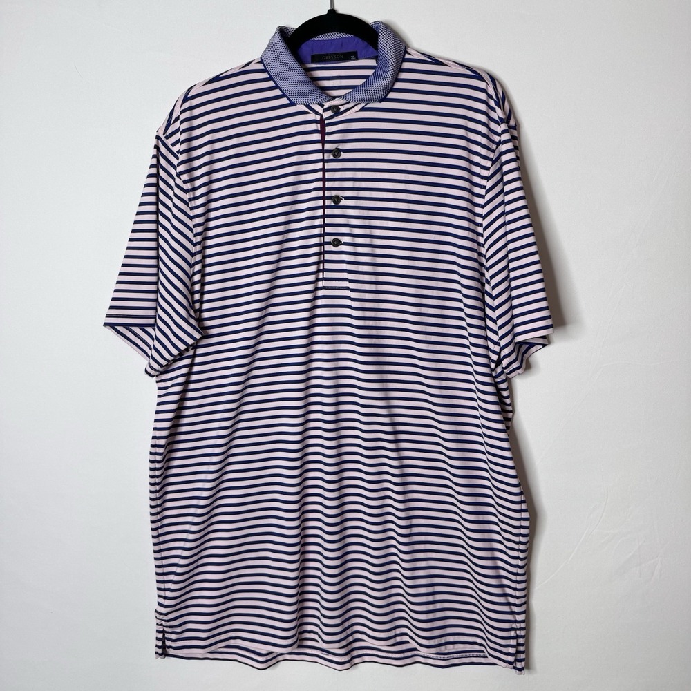 Greyson Polo Shirt Sz XL Golf Performance Knit Collar Pink Blue Striped Stretch - Picture 3 of 13